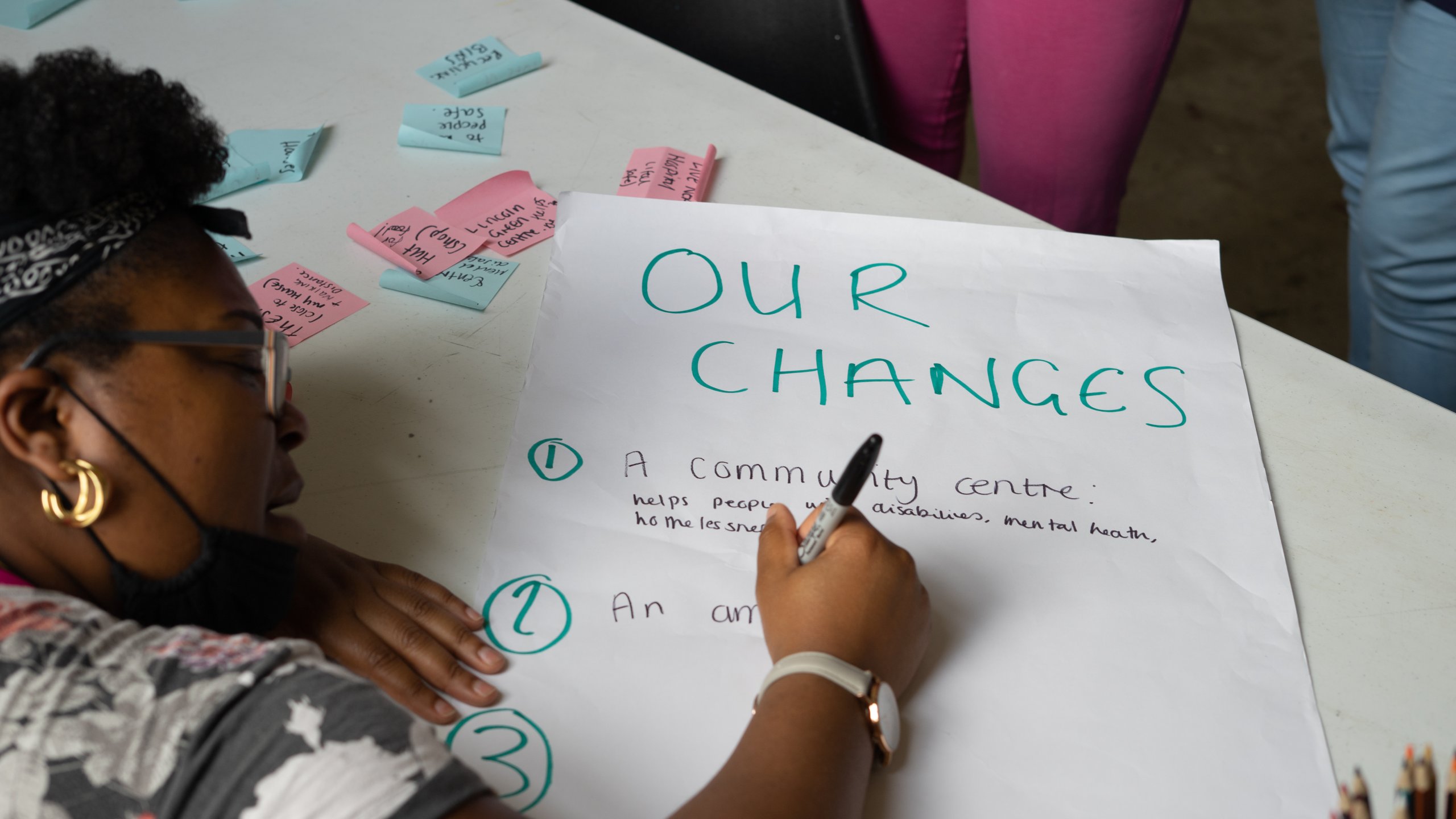 Toni Dee writes down the thoughts of the young people on a sheet titled 'Our Changes'